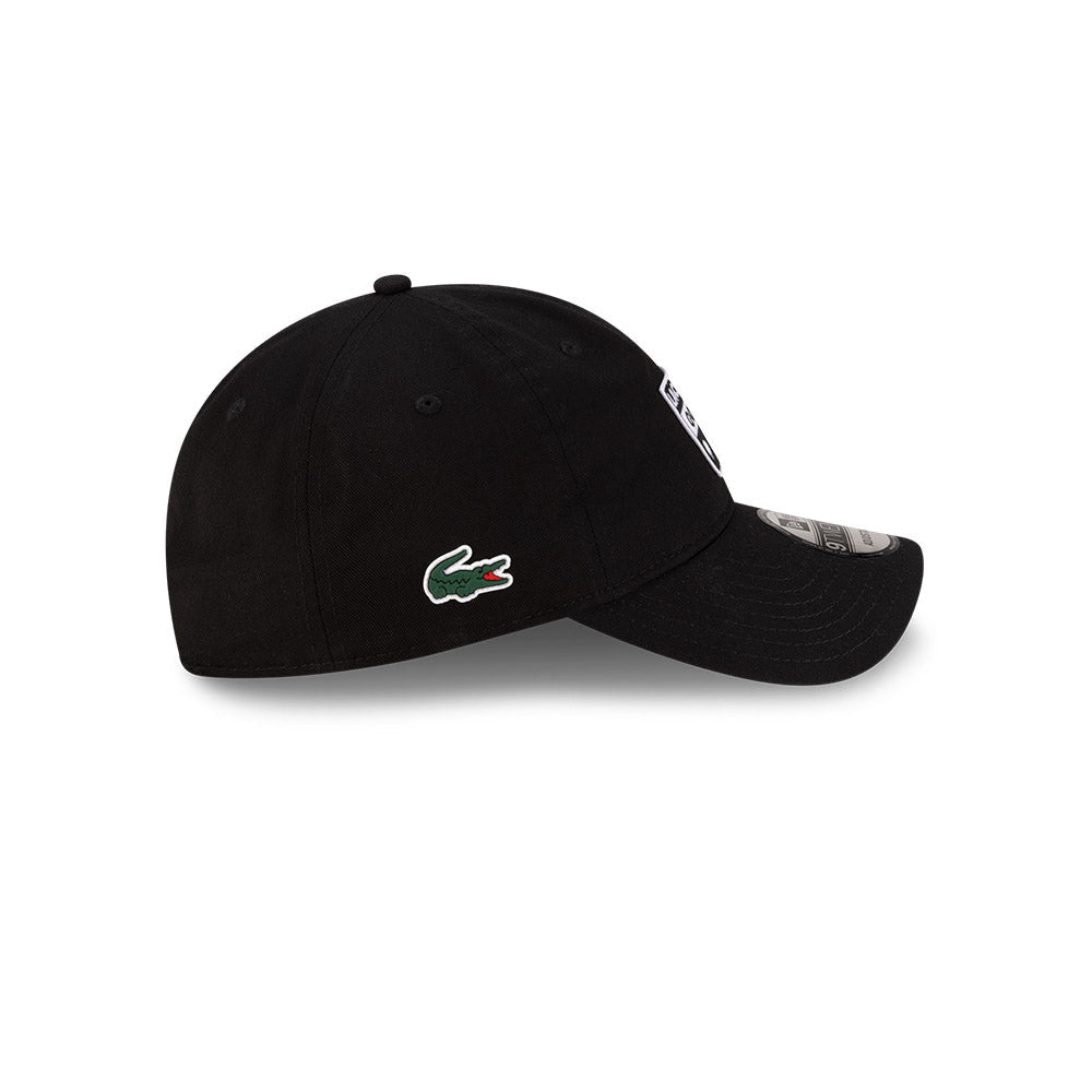 Right side profile view of New Era x Lacoste 9TWENTY Golf Ball Black Adjustable Cap showing pre-curved visor.
