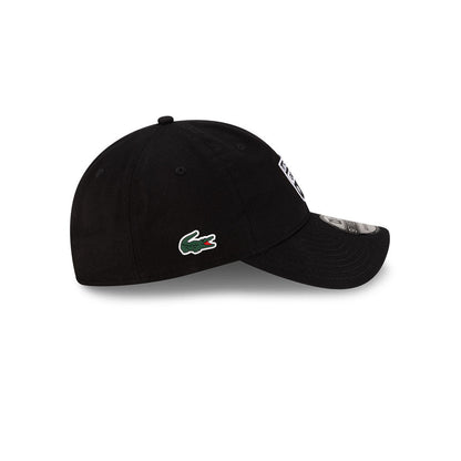 Right side profile view of New Era x Lacoste 9TWENTY Golf Ball Black Adjustable Cap showing pre-curved visor.