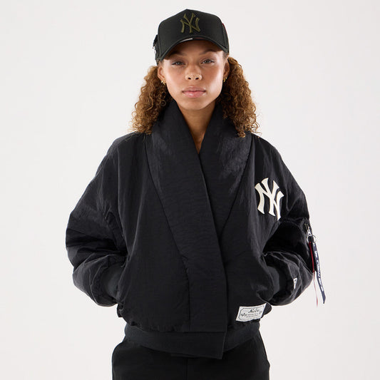 Women New York Yankees MLB x Alpha Industries Black Nylon Shawl Collar Bomber Jacket